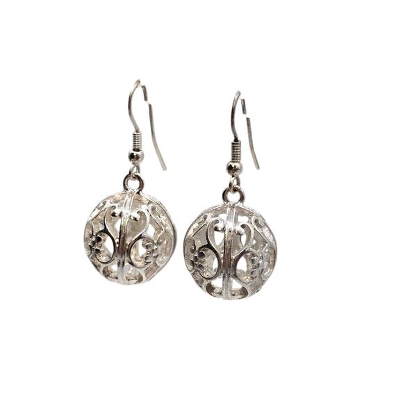 Pierced Earrings Flower Ball Filigree Dangle Silver Tone French Wire Style - Picture 5 of 5